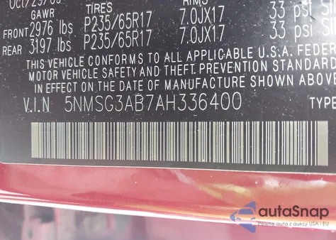 2010 Hyundai Santa Fe Gls z USA, uszkodzony, nr VIN 5NMSG3AB7AH336400